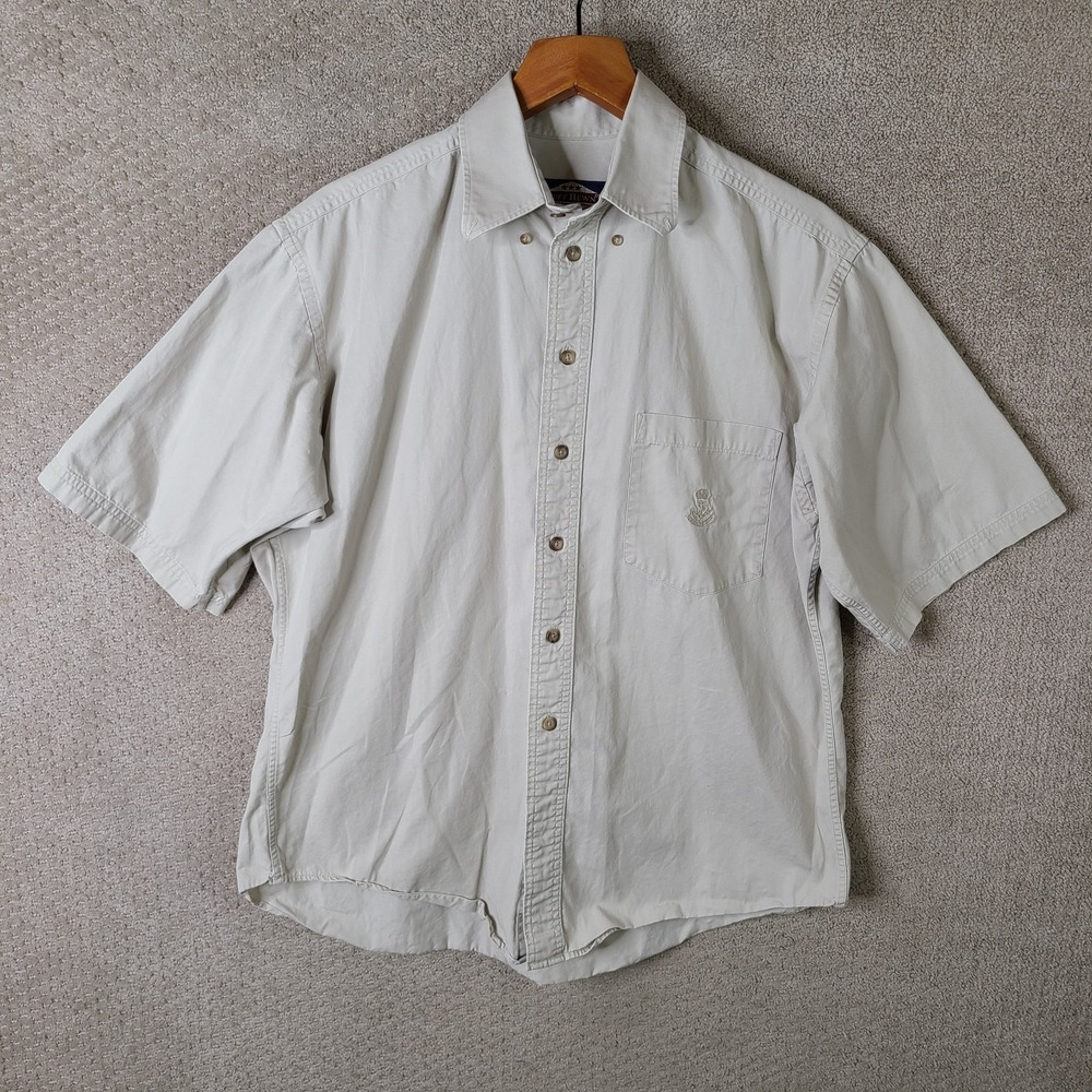 Ruff Hewn Shirt Mens Medium Beige‎ Button Down Cotton Safari Outdoor Logo Khaki